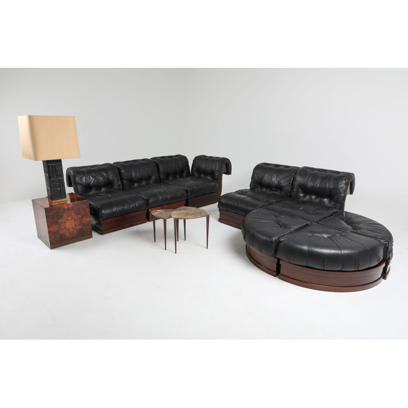 Canapé vintage en cuir noir et acajou par Frigerio Sectional 1970
