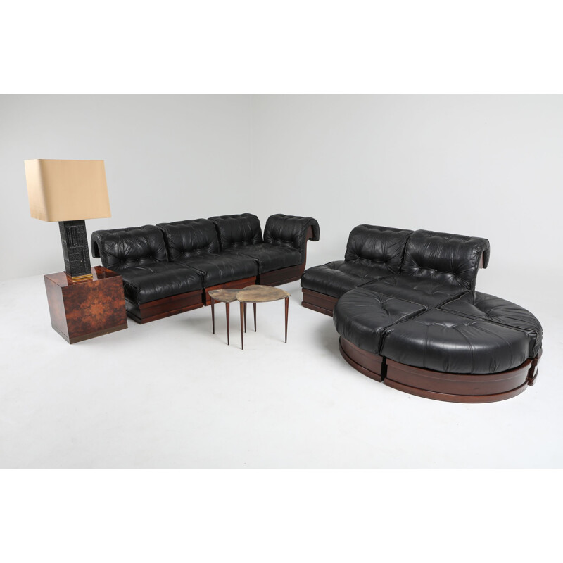 Vintage sofa In black leather & mahogany by Frigerio Sectional 1970