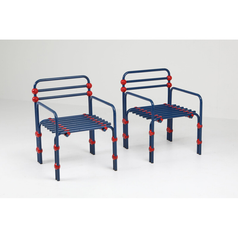 Pair of vintage armchairs in red and blue 1980