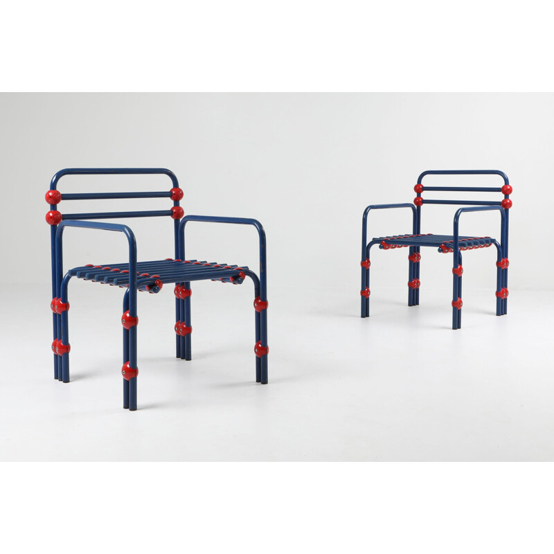 Pair of vintage armchairs in red and blue 1980