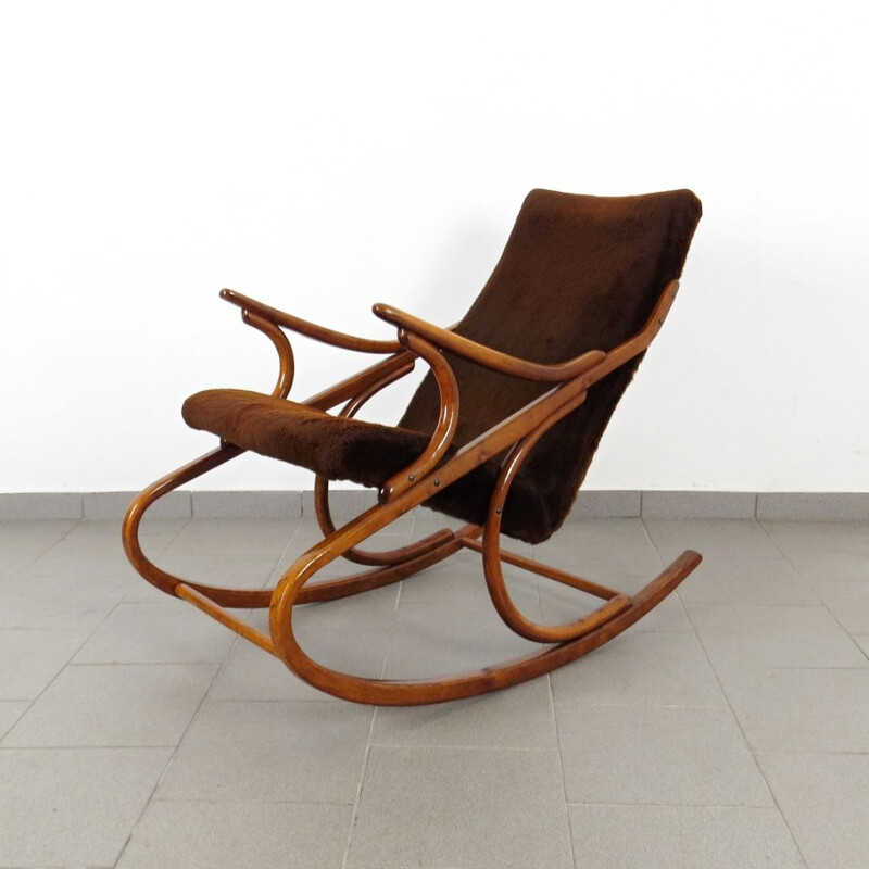 Vintage wooden and fabric rocking chair by Antonin Suman, 1960s