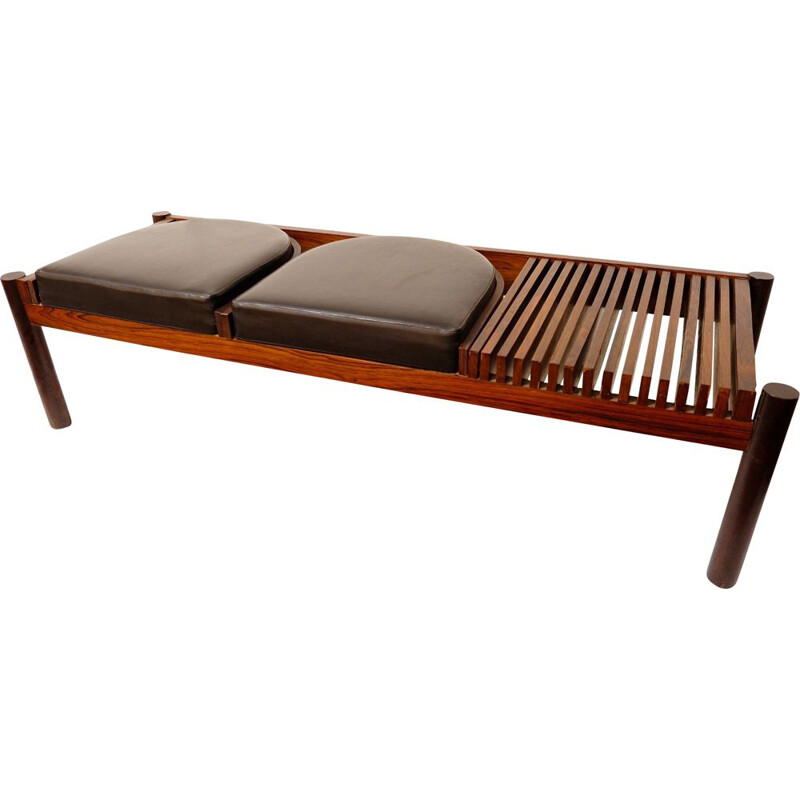 Rosewood bench with black leatherette seats, 1960