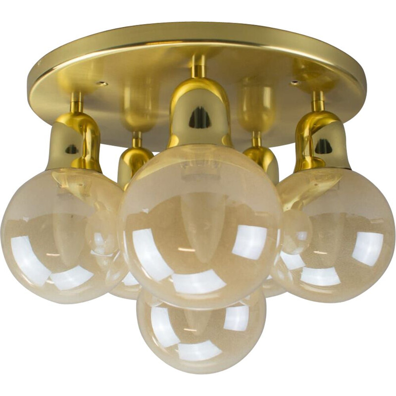 Vintage brass Orbit lamp with amber globe shades, 1970s