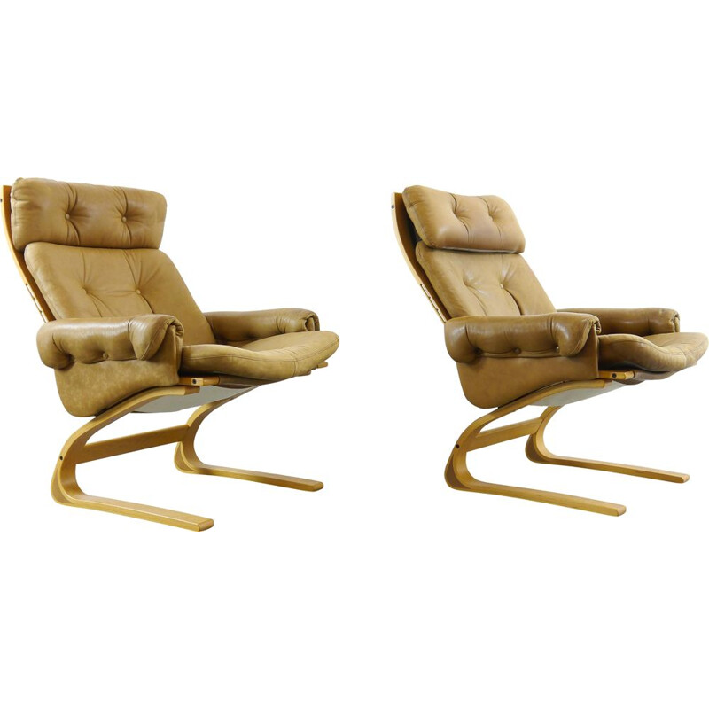 Set of 2 vintage Kengu armchairs in brown leather by Solheim from Rykken, Norway, 1970s