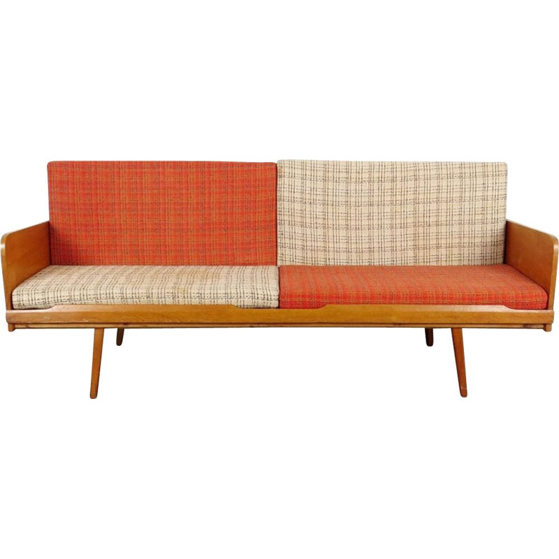 Vintage wooden and fabric 3-seater sofa, 1960s