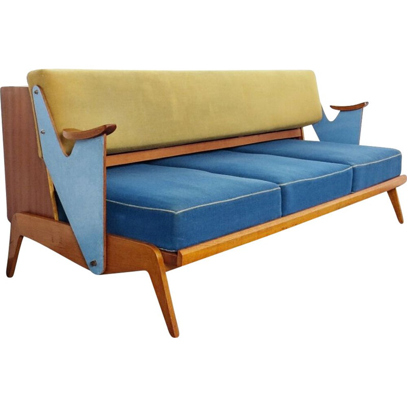 Vintage blue and yellow 3-seater sofa, Czechoslovakia, 1960