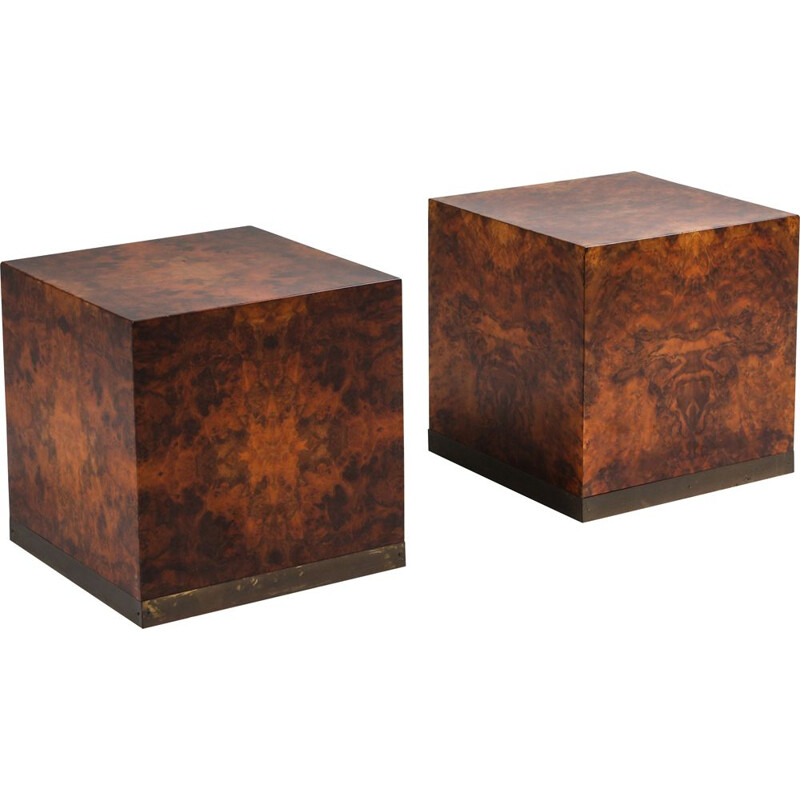 Vintage pair of burl square side tables by Jean Claude Mahey, 1970s