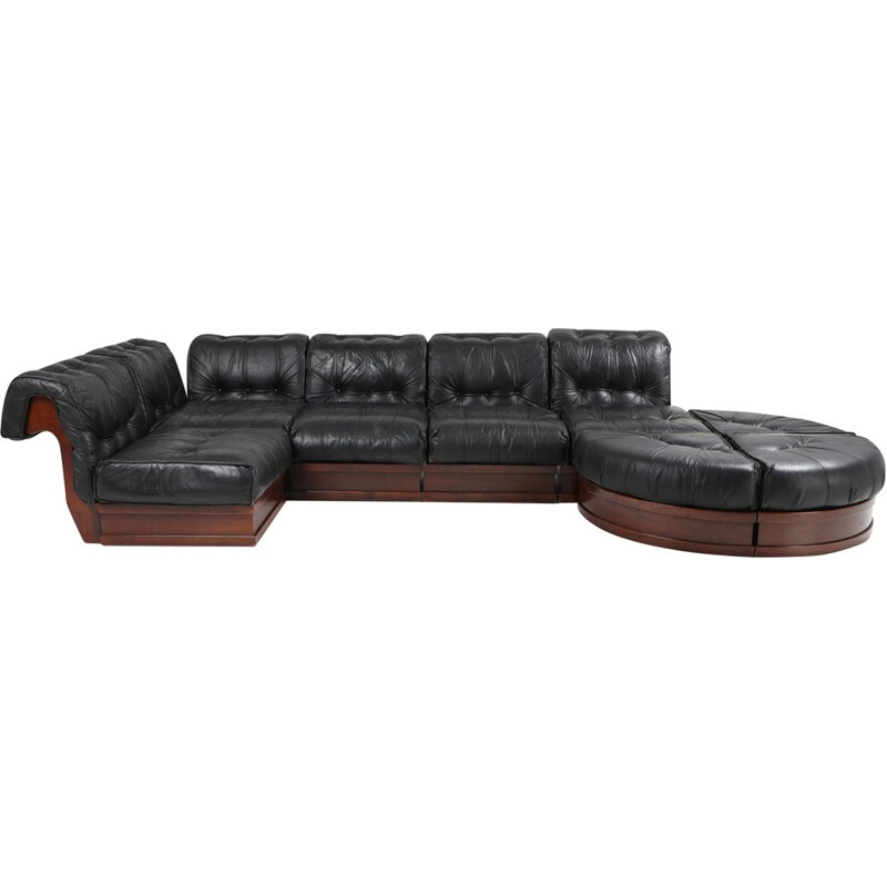 Vintage sofa In black leather & mahogany by Frigerio Sectional 1970