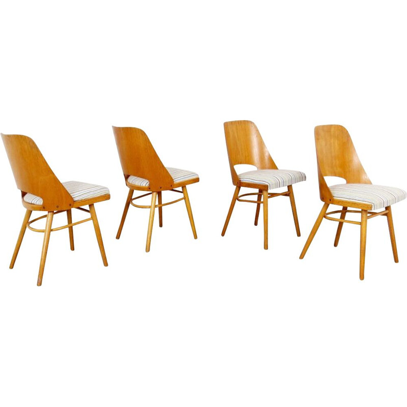 Ensemble de 4 chaises à repas vintage en bois par Ton, 1960