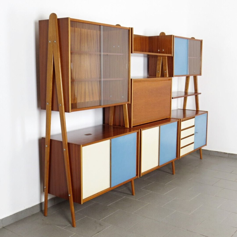 Vintage shelves in wood and glass Czechoslovakia 1960