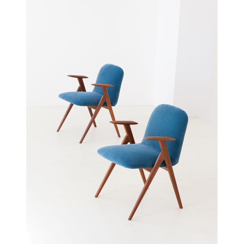 Set of 2 vintage blue velvet and teak armchairs, 1950s