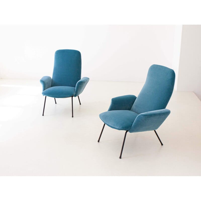 Set of 2 vintage light blue velvet armchairs, 1950s