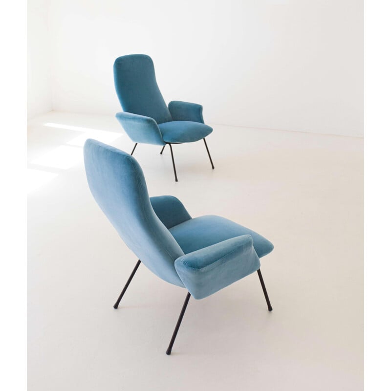 Ensemble de 2 fauteuils vintage en velours bleu clair, 1950