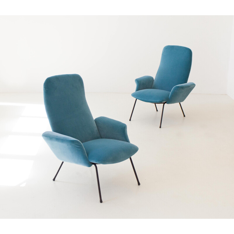 Ensemble de 2 fauteuils vintage en velours bleu clair, 1950