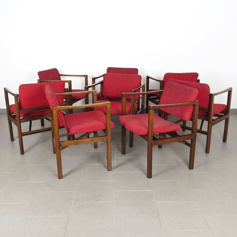 Set of 8 vintage red armchairs, 1970s