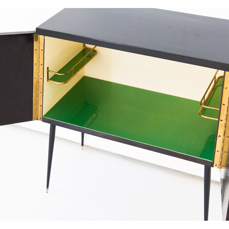 Vintage black lacquered wood brass and iron console, 1950s