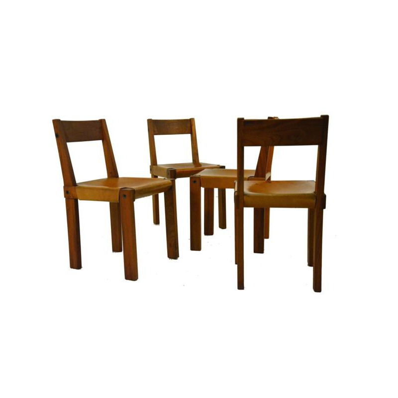 Set of 4 chairs in elm and leather, Pierre CHAPO - 1960s