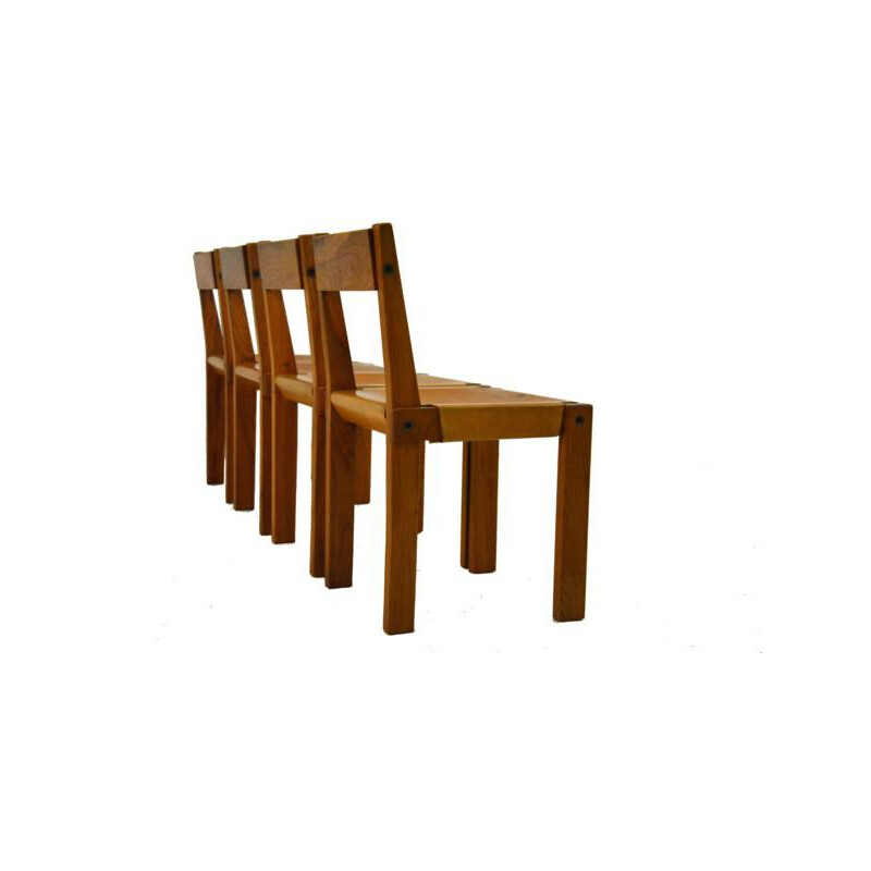 Set of 4 chairs in elm and leather, Pierre CHAPO - 1960s