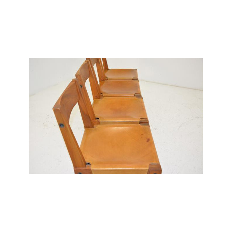 Set of 4 chairs in elm and leather, Pierre CHAPO - 1960s