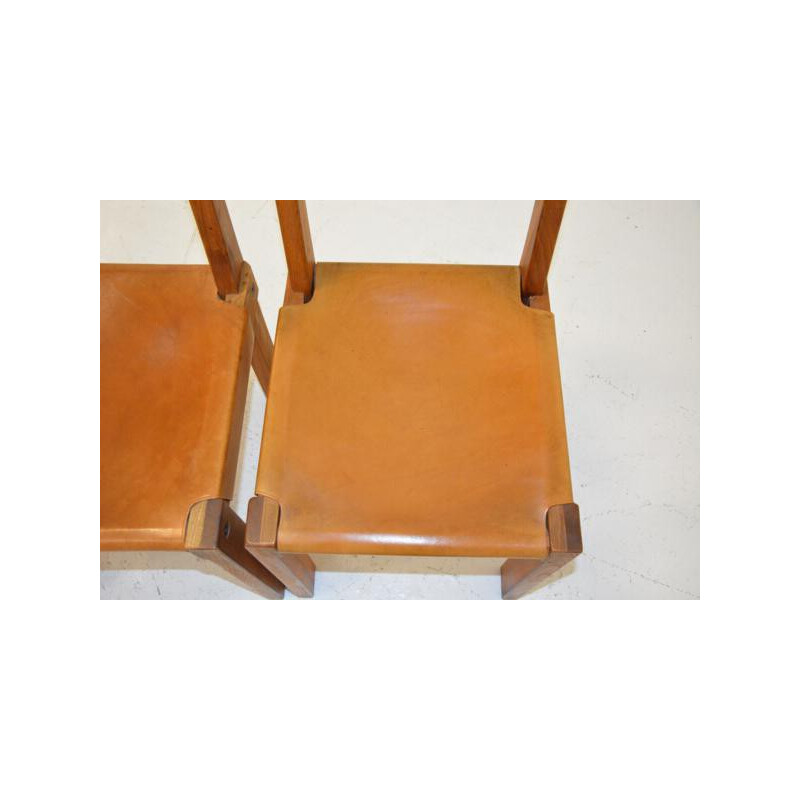 Set of 4 chairs in elm and leather, Pierre CHAPO - 1960s