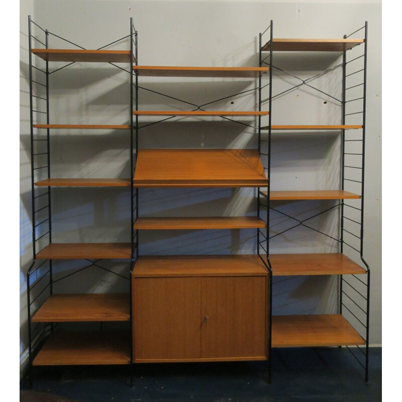 Vintage modular teak and black metal shelf system, 1960s