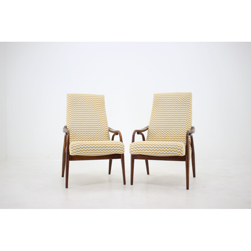 Set of 2 vintage beech with patterns armchairs, Czechoslovakia, 1960s