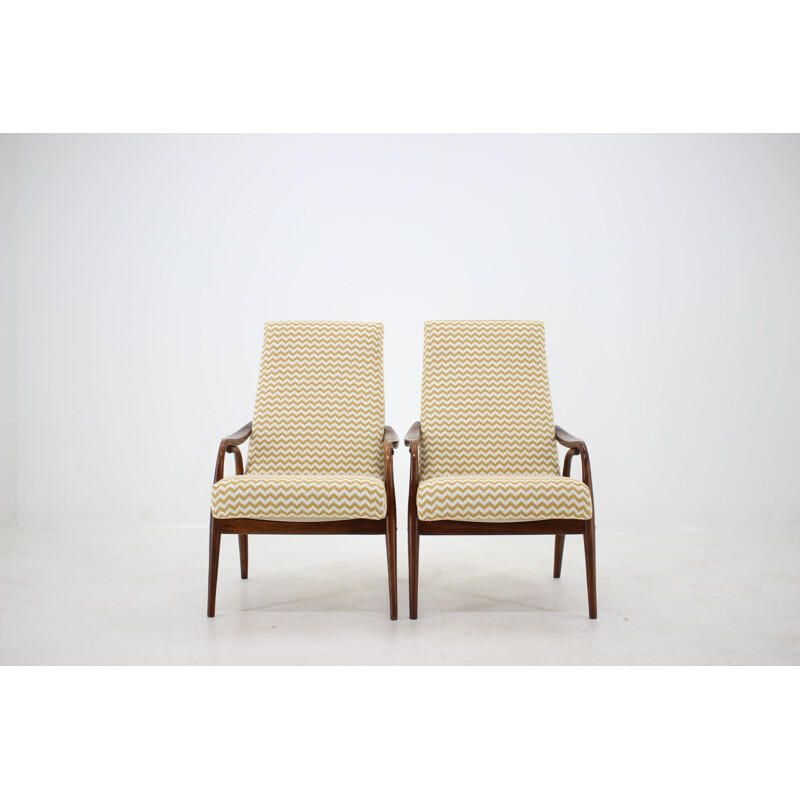 Set of 2 vintage beech with patterns armchairs, Czechoslovakia, 1960s