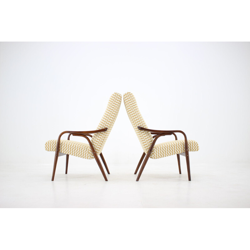 Set of 2 vintage beech with patterns armchairs, Czechoslovakia, 1960s