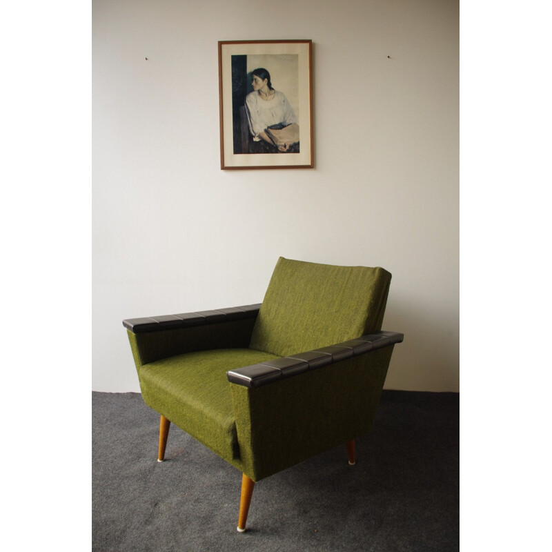 Vintage green wooden and fabric armchair, 1960s