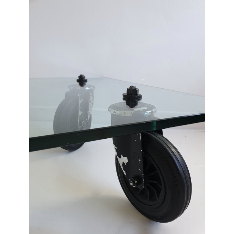 Vintage glass "Tavolino Con Ruote" coffee table by Gae Aulenti for Fontana Arte, Italy, 1980s