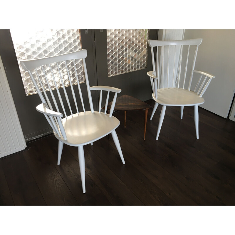 Pair of vintage armchairs with white stems, 1950