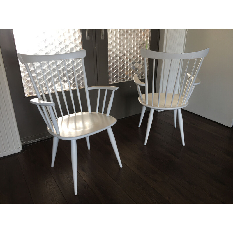 Pair of vintage armchairs with white stems, 1950