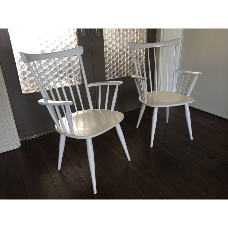 Pair of vintage armchairs with white stems, 1950