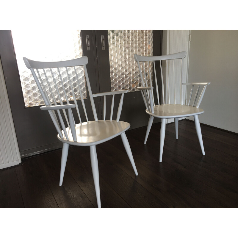 Pair of vintage armchairs with white stems, 1950