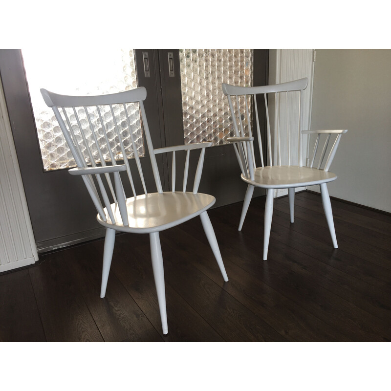 Pair of vintage armchairs with white stems, 1950