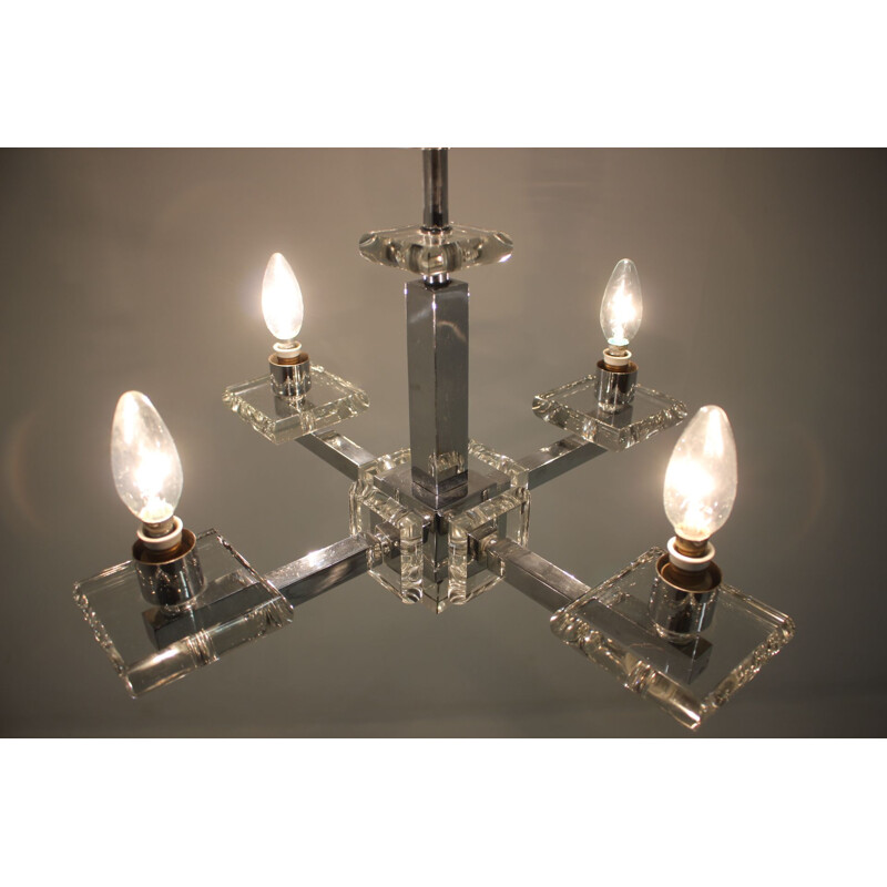 Unique Bauhaus chrome and glass vintage chandelier, 1930s