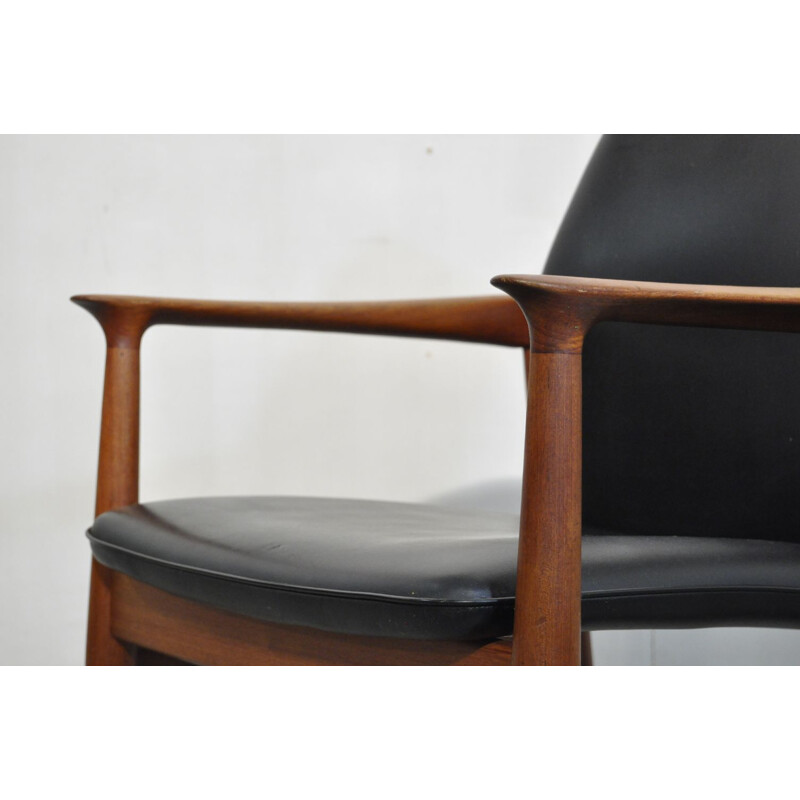 Danish teak and black leather vintage armchair by Grete Jalk for Glostrup Mobelfabrik, 1960s