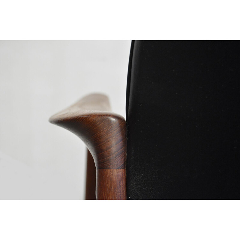 Danish teak and black leather vintage armchair by Grete Jalk for Glostrup Mobelfabrik, 1960s