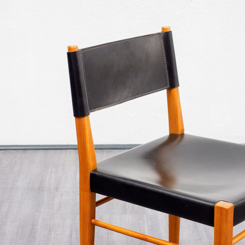 Set of four vintage dining chairs, cherrywood and leather 1960