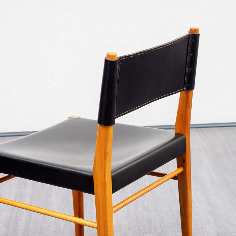 Set of four vintage dining chairs, cherrywood and leather 1960