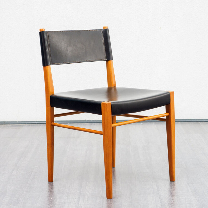 Set of four vintage dining chairs, cherrywood and leather 1960