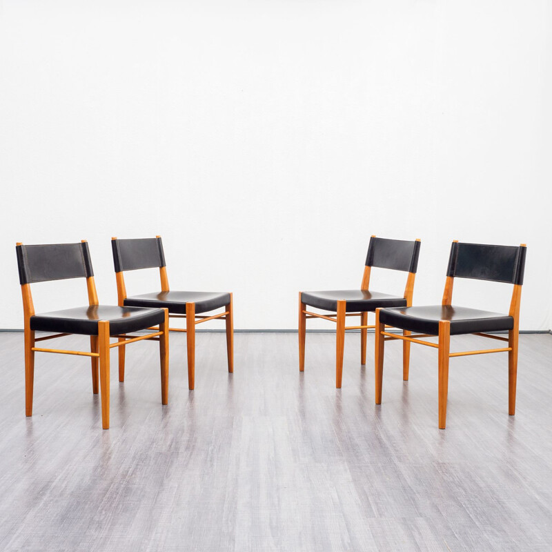 Set of four vintage dining chairs, cherrywood and leather 1960