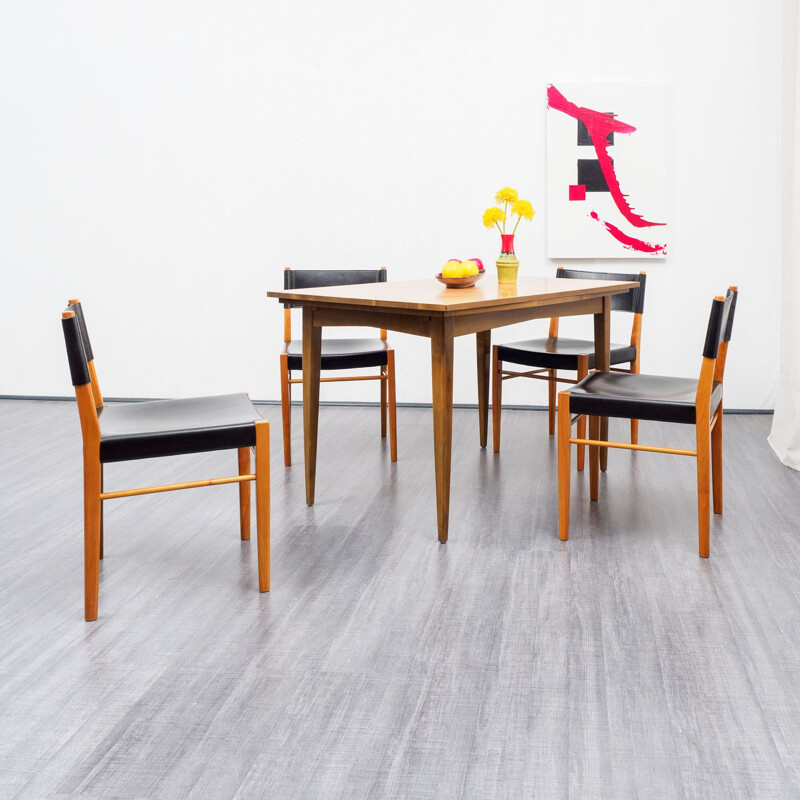 Set of four vintage dining chairs, cherrywood and leather 1960