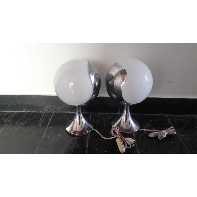Set of 2 table lamps in opaline and chromed metal, Jean PERZEL - 1960s