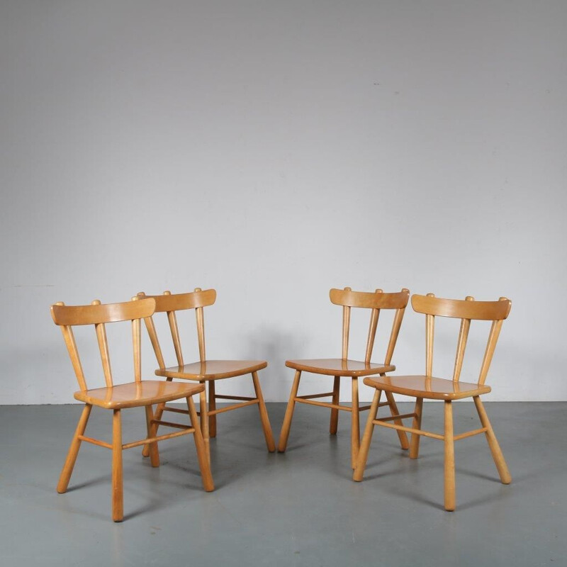 Set of 4 vintage Beech dining chairs, Sweden 1960