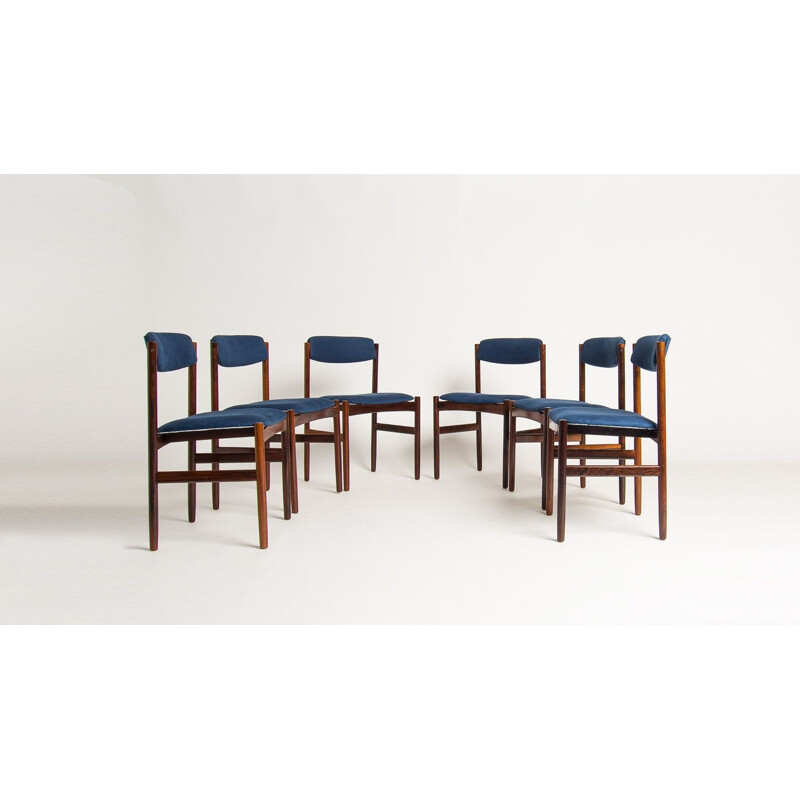 Set of 6 vintage dining chairs in rosewood and blue linen, 1960s