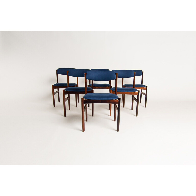 Set of 6 vintage dining chairs in rosewood and blue linen, 1960s