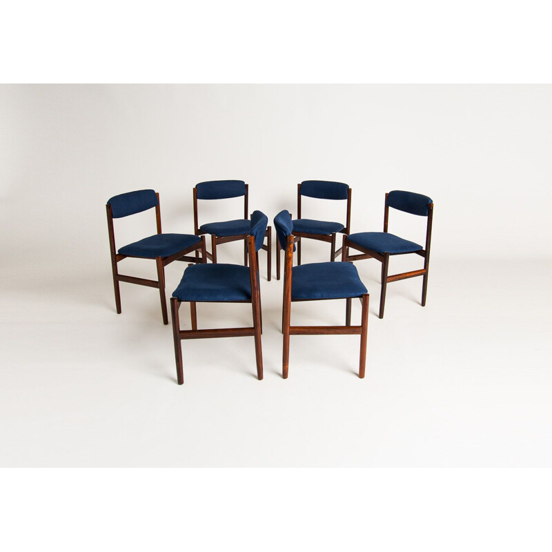 Set of 6 vintage dining chairs in rosewood and blue linen, 1960s