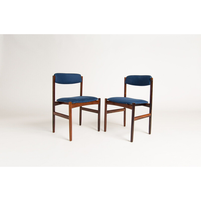 Set of 6 vintage dining chairs in rosewood and blue linen, 1960s