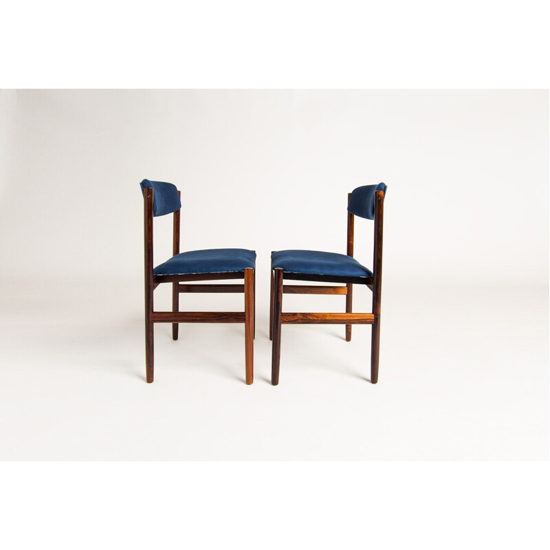 Set of 6 vintage dining chairs in rosewood and blue linen, 1960s